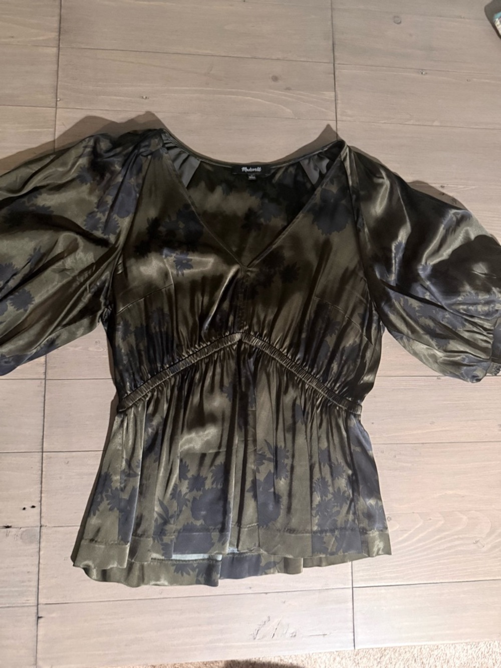 Madewell Olive Green Satin V-Neck Puff Sleeve Blouse